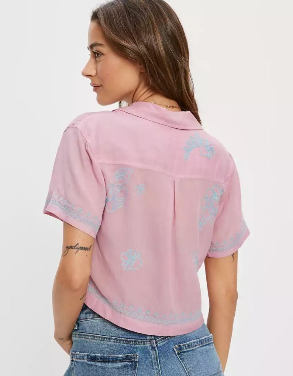 Chemises American Eagle AE Cropped Embroidered Resort Lavande Femme | KSN-31459949